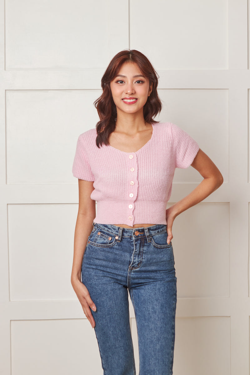 Carina Button Down Knitted Top in Pink