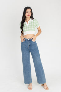 Amita Knitted Gingham Crop Top in Green