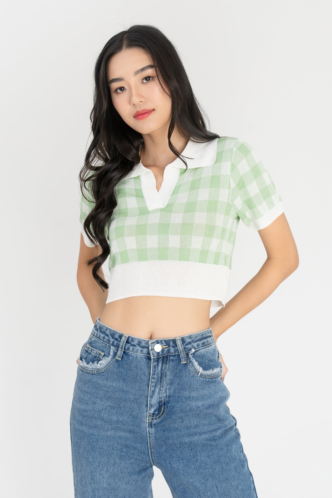 Amita Knitted Gingham Crop Top in Green