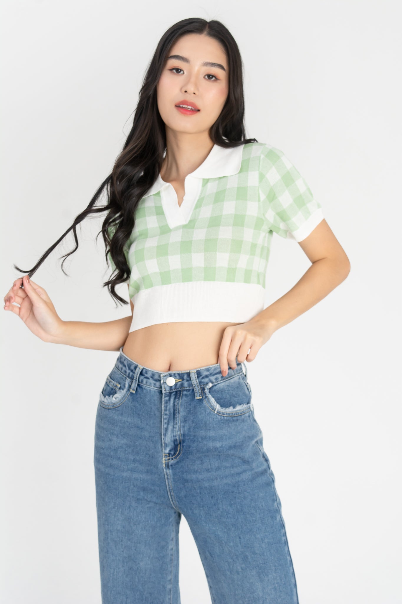 Amita Knitted Gingham Crop Top in Green