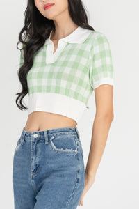 Amita Knitted Gingham Crop Top in Green