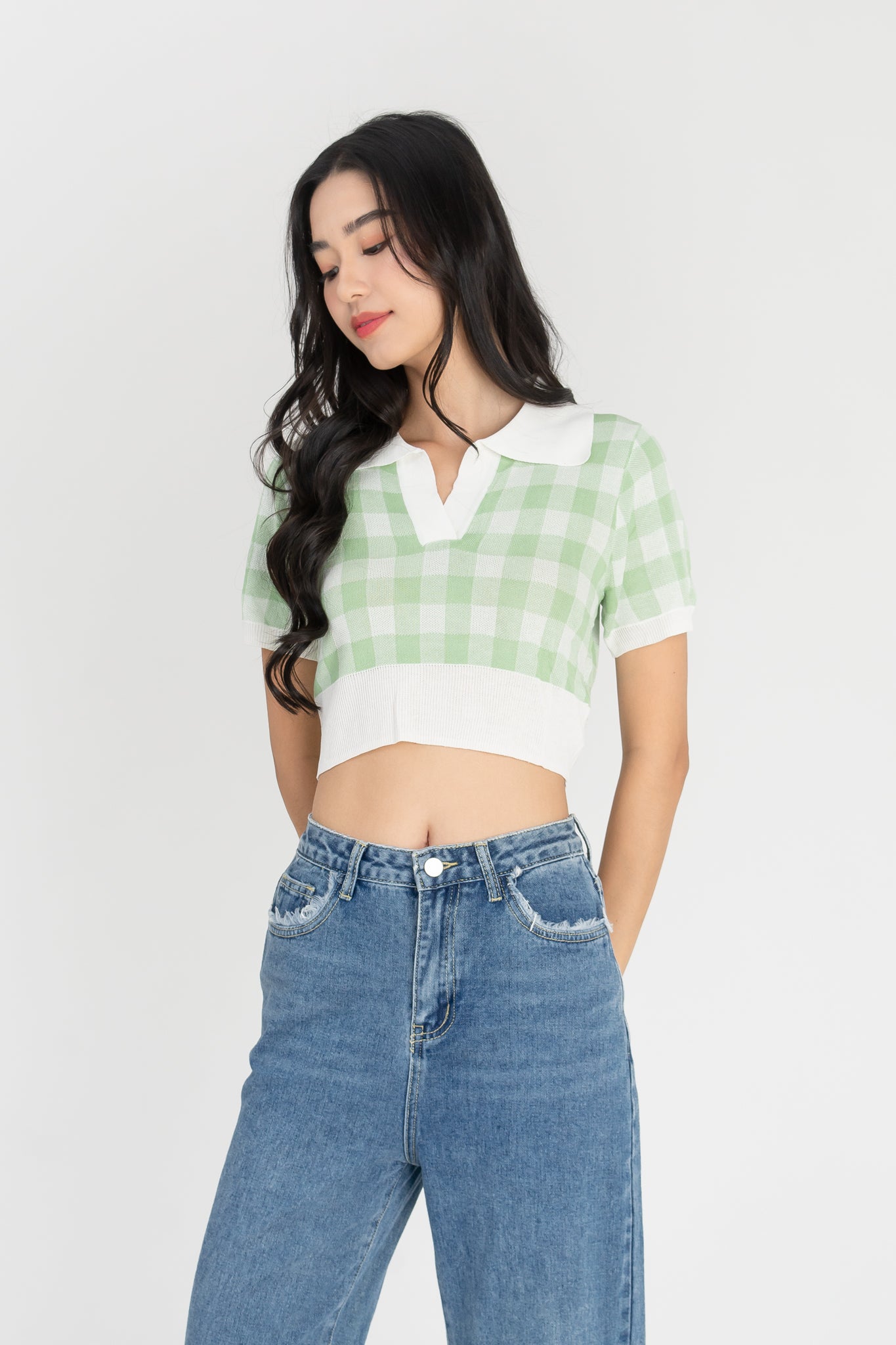 Amita Knitted Gingham Crop Top in Green