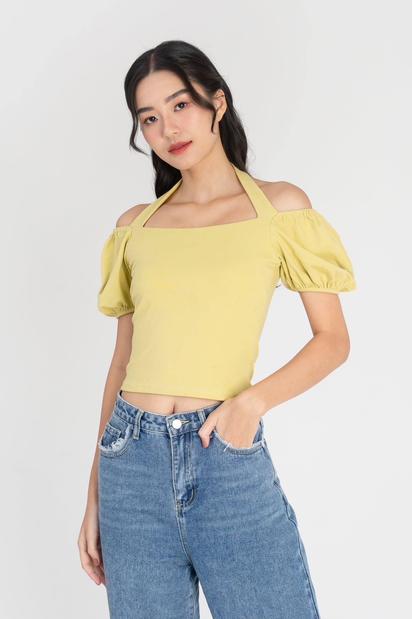 Callah Halter Neck Off Shoulder Top in Yellow