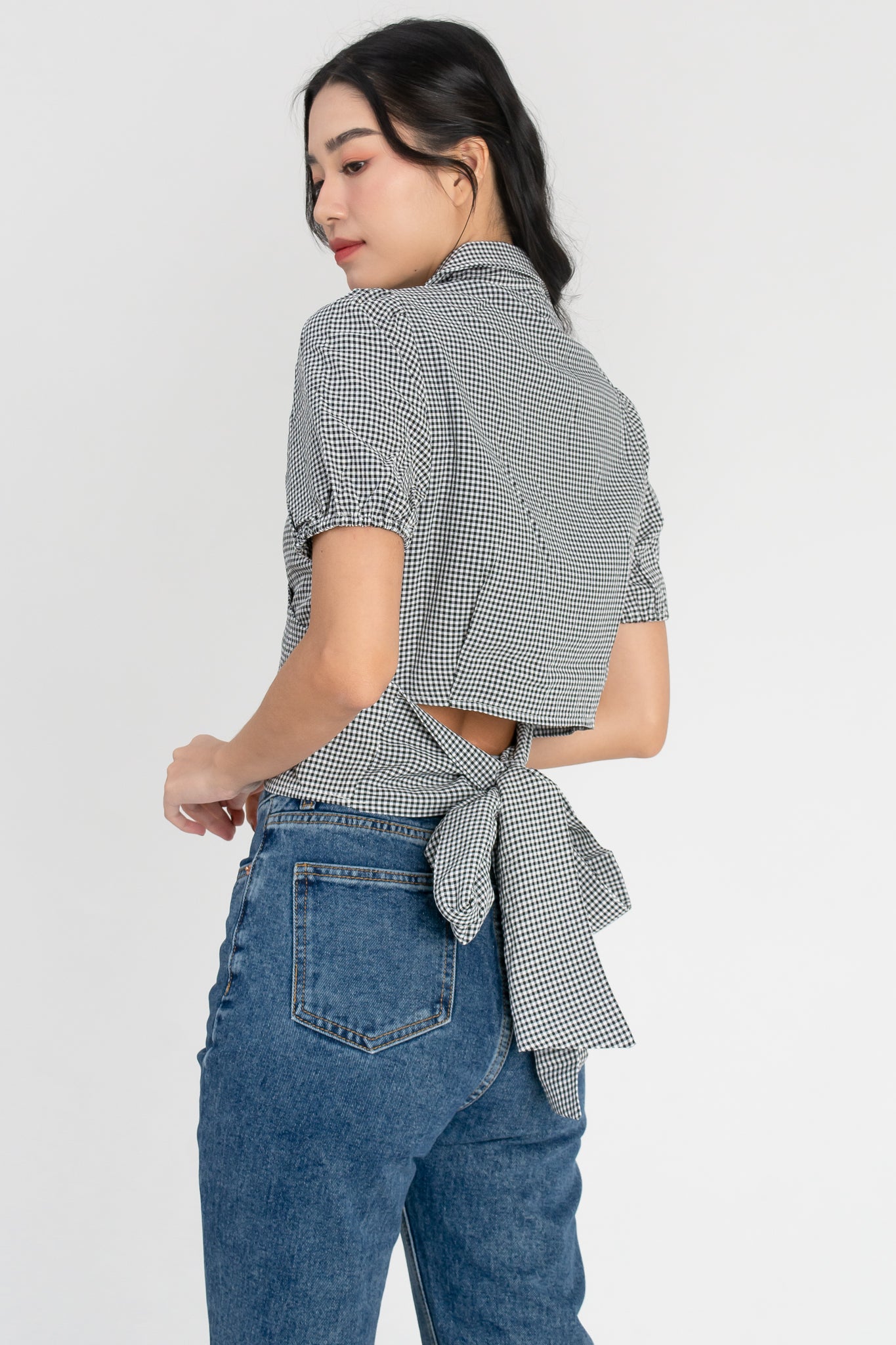 Triana Gingham Self Tie Ribbon Top