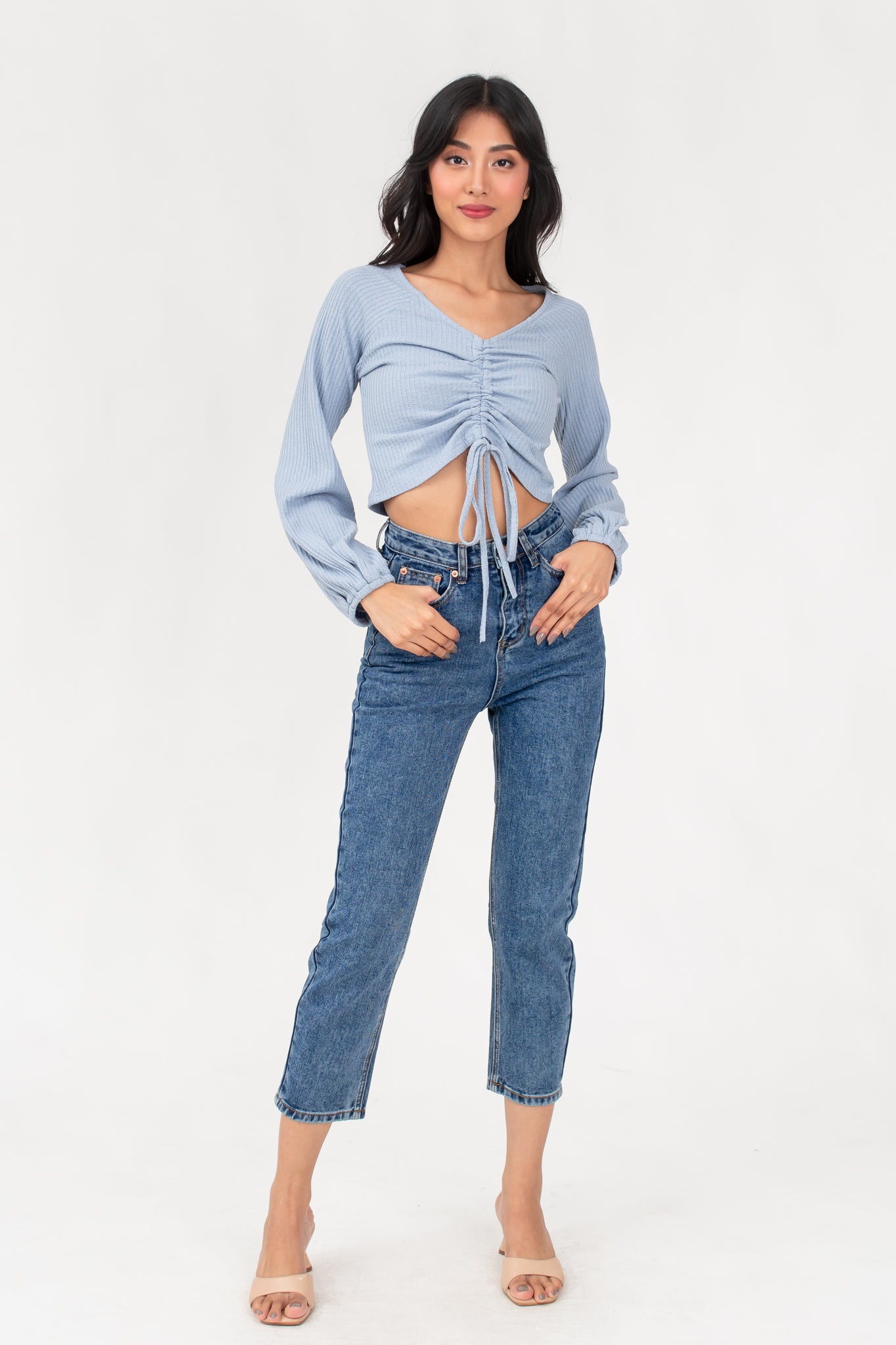 Alaiah Ruched Longsleeve Top in Blue