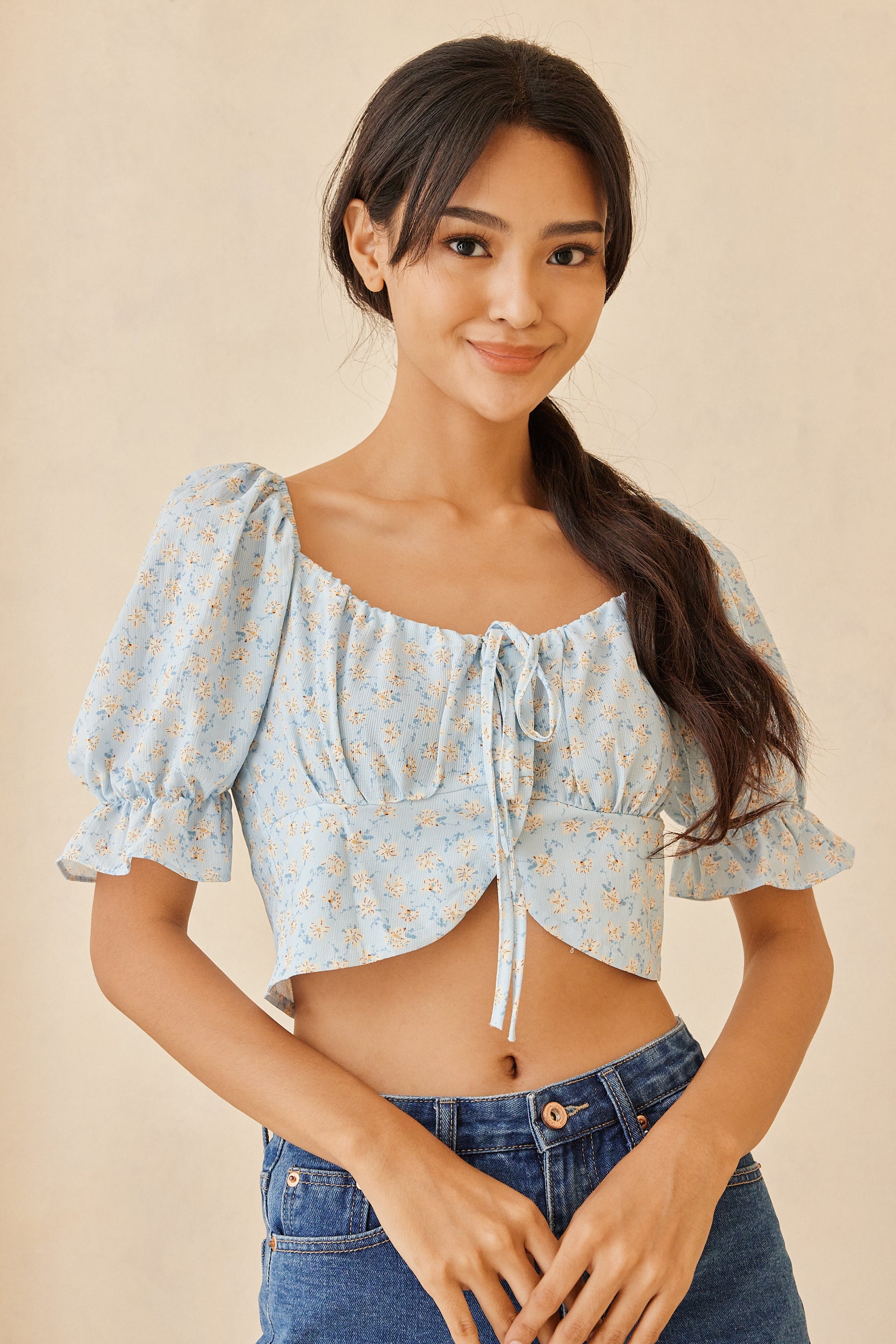 Althea Self Tie Ribbon Floral Crop Top