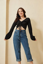 Load image into Gallery viewer, Alaiah Ruched Longsleeve Top in Black
