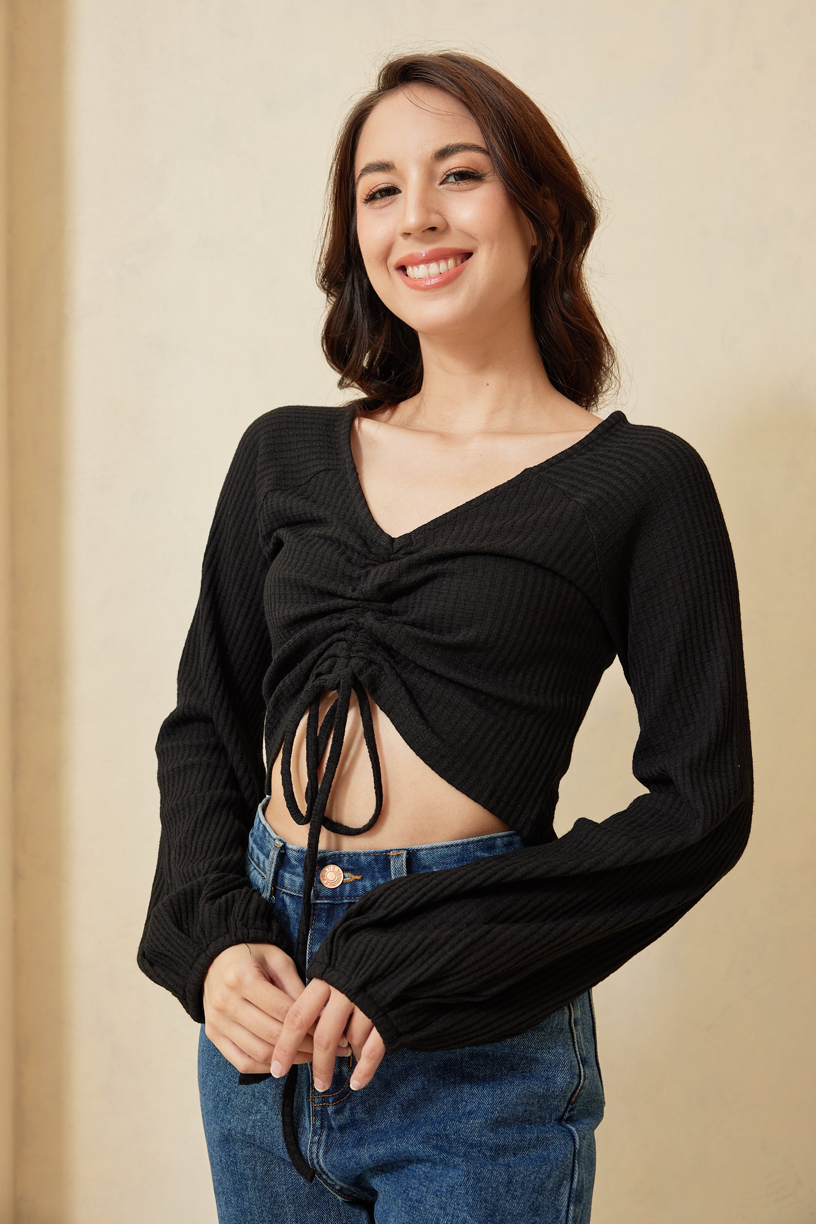 Alaiah Ruched Longsleeve Top in Black