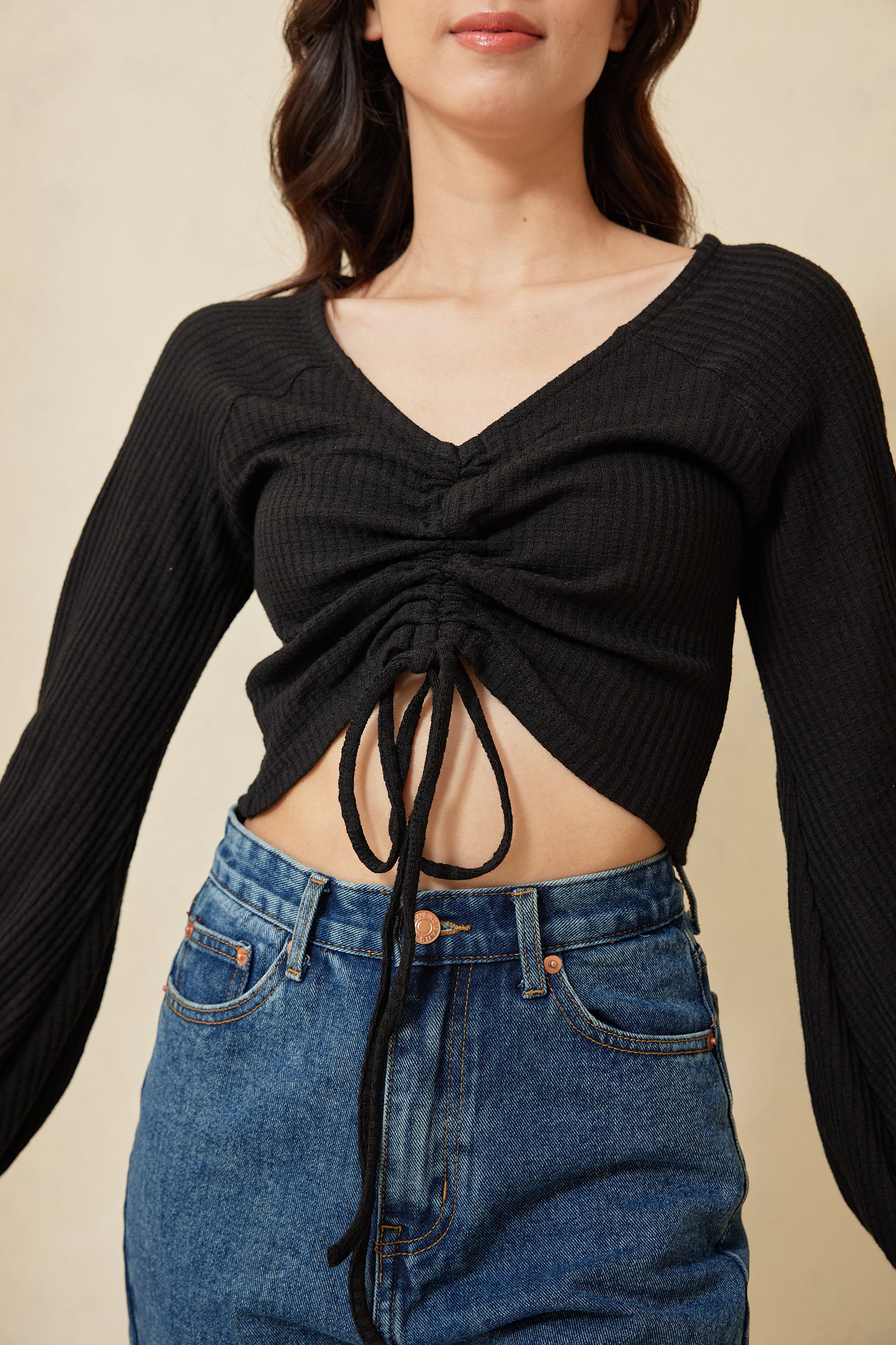 Alaiah Ruched Longsleeve Top in Black